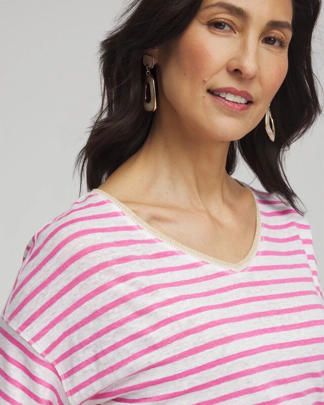 Pink Stripe Sweater Trim Linen Tee - image 4